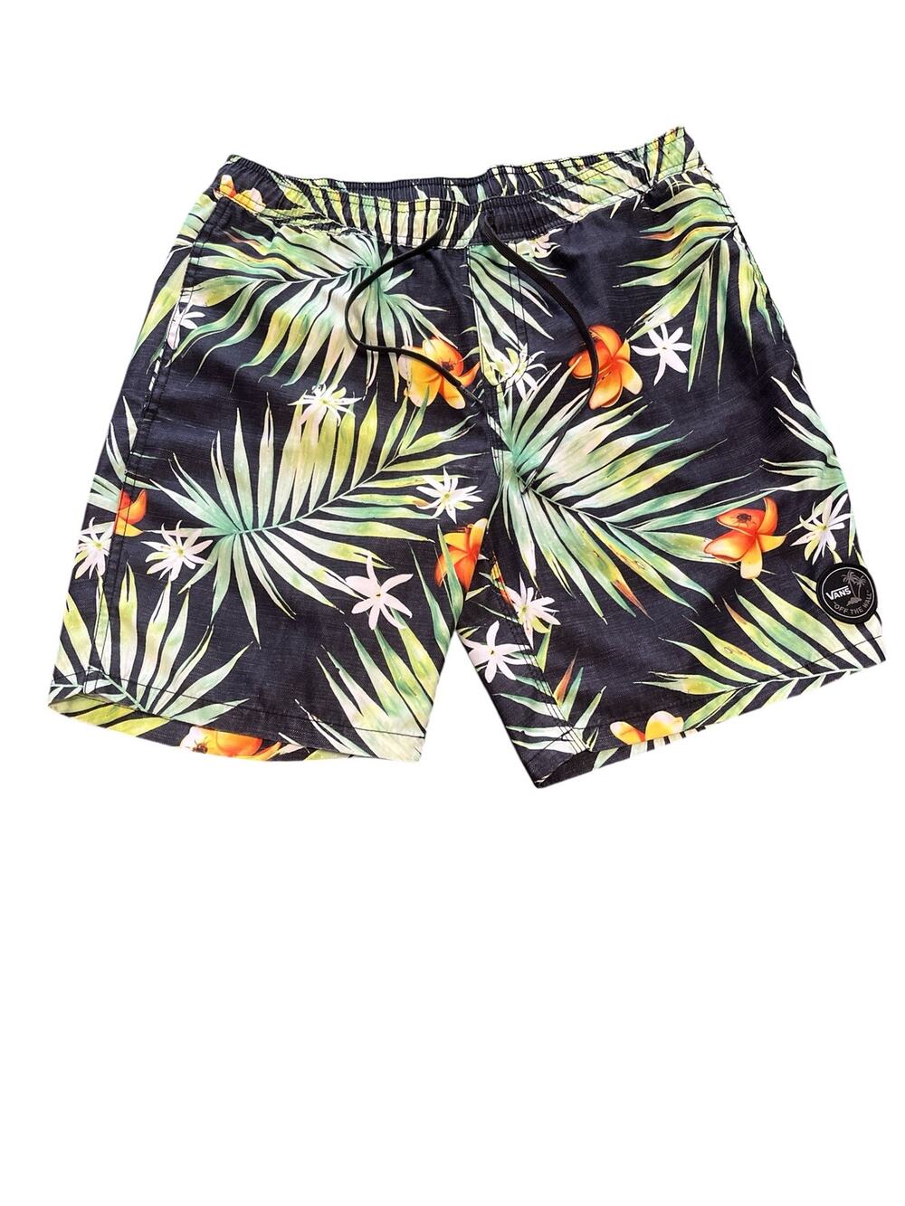 Vans Deck Siders Swim Shorts/Deck-Men Sz S-Black Tropical-EUC-1131